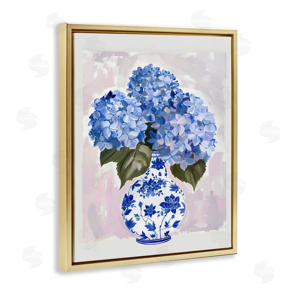 The Prints Vibe Blue Hydrangea in Porcelain Vase Gold Floating Frame Stretched Canvas Wall Art Print