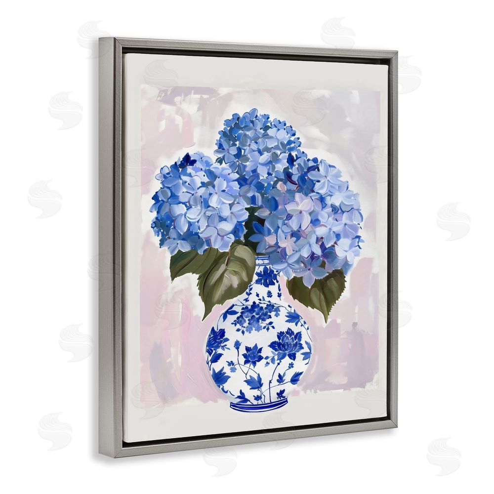 The Prints Vibe Blue Hydrangea in Porcelain Vase Gray Floating Frame Stretched Canvas Wall Art Print