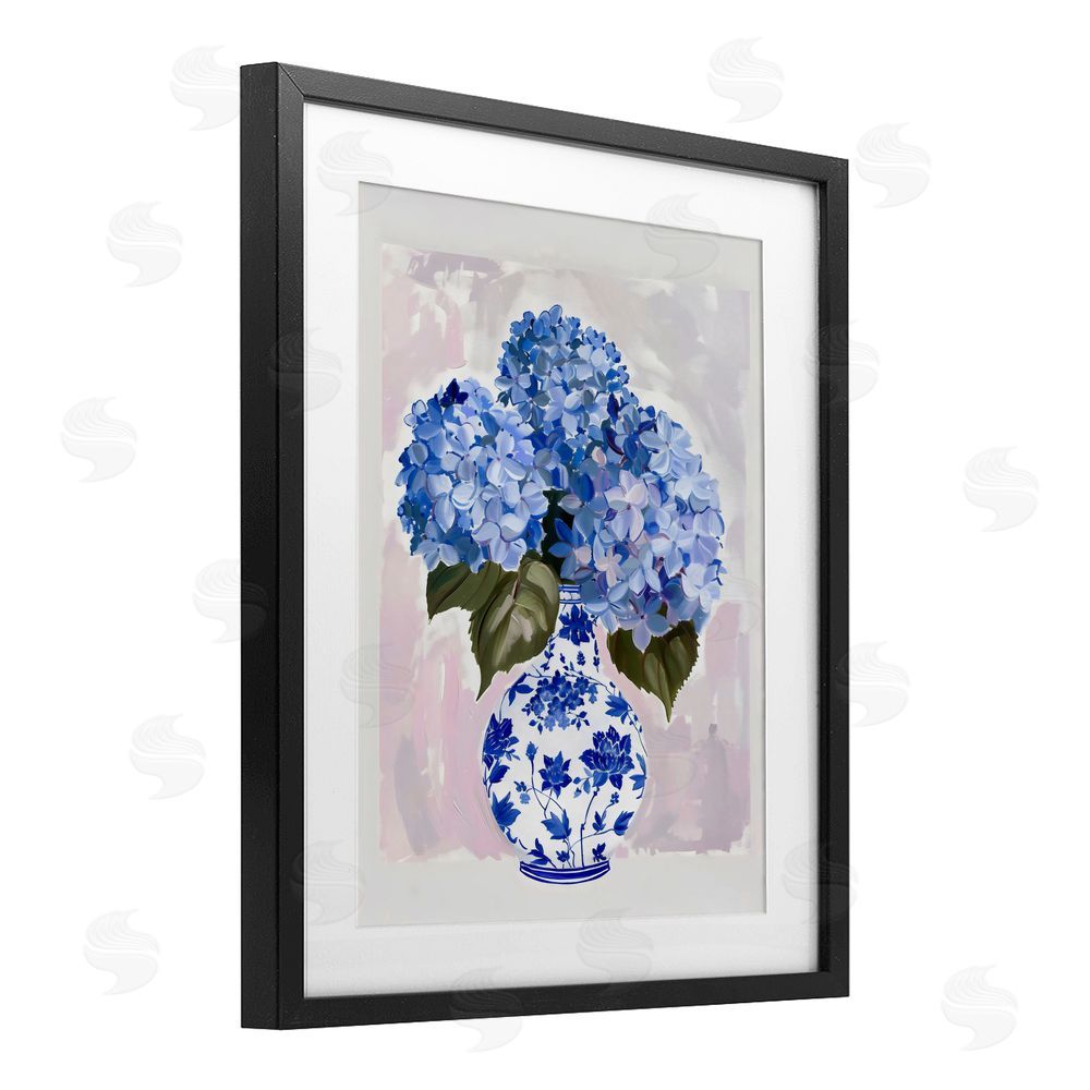The Prints Vibe Blue Hydrangea in Porcelain Vase Black Framed Print Under Glass with Matting Wall Art