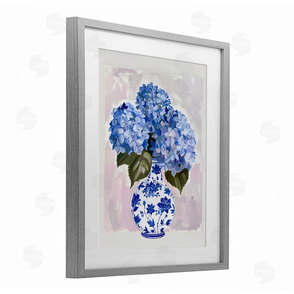 The Prints Vibe Blue Hydrangea in Porcelain Vase Gray Framed Print Under Glass with Matting Wall Art