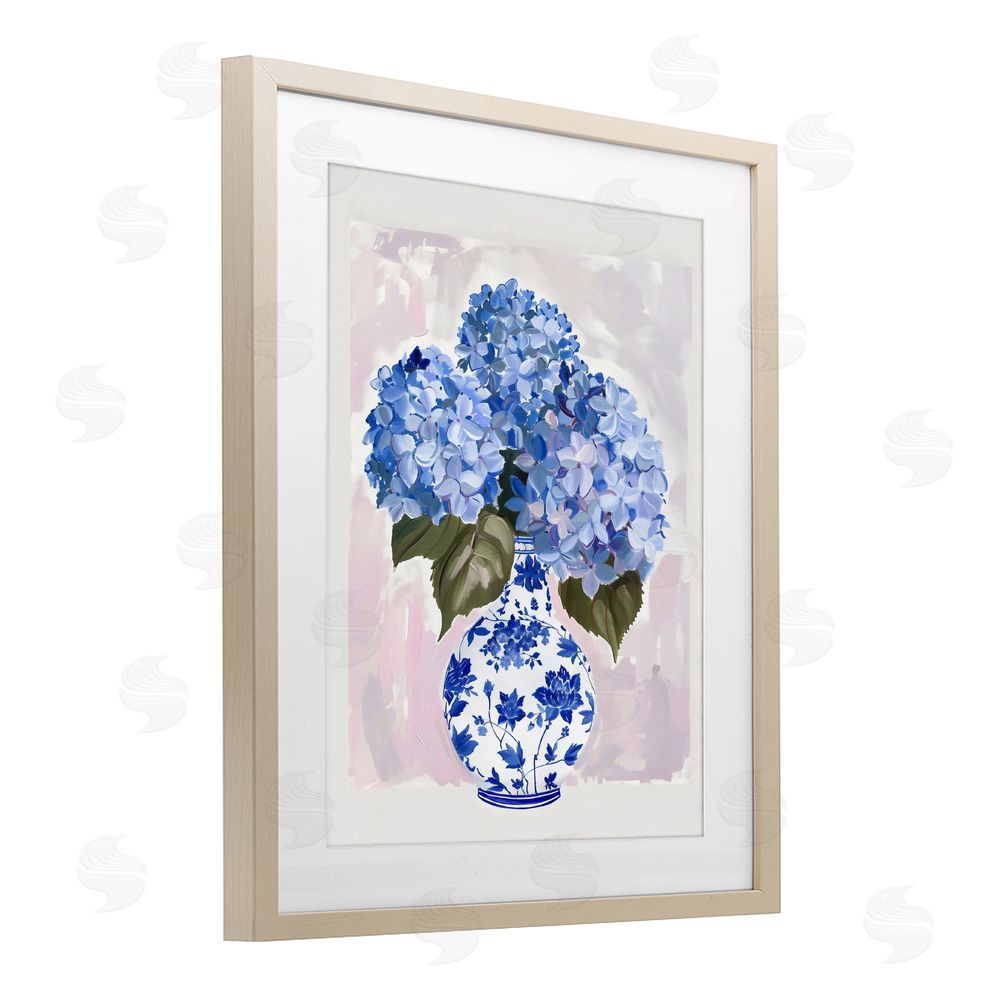The Prints Vibe Blue Hydrangea in Porcelain Vase Brown Framed Print Under Glass with Matting Wall Art