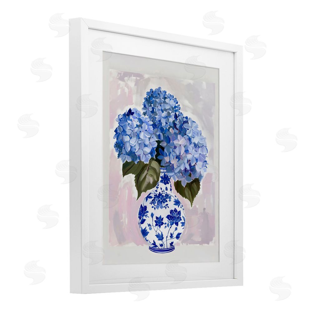 The Prints Vibe Blue Hydrangea in Porcelain Vase White Framed Print Under Glass with Matting Wall Art