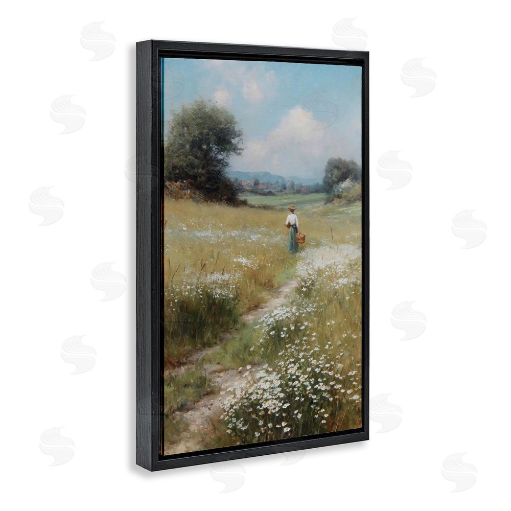 Petal Prints Design Flower Gazing in Summer Meadow Black Floating Framed Canvas Wall Art