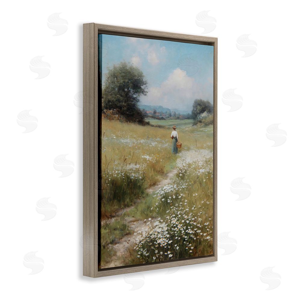 Petal Prints Design Flower Gazing in Summer Meadow Brown Floating Framed Canvas Wall Art