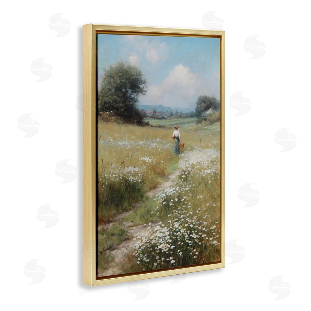 Petal Prints Design Flower Gazing in Summer Meadow Gold Floating Framed Canvas Wall Art