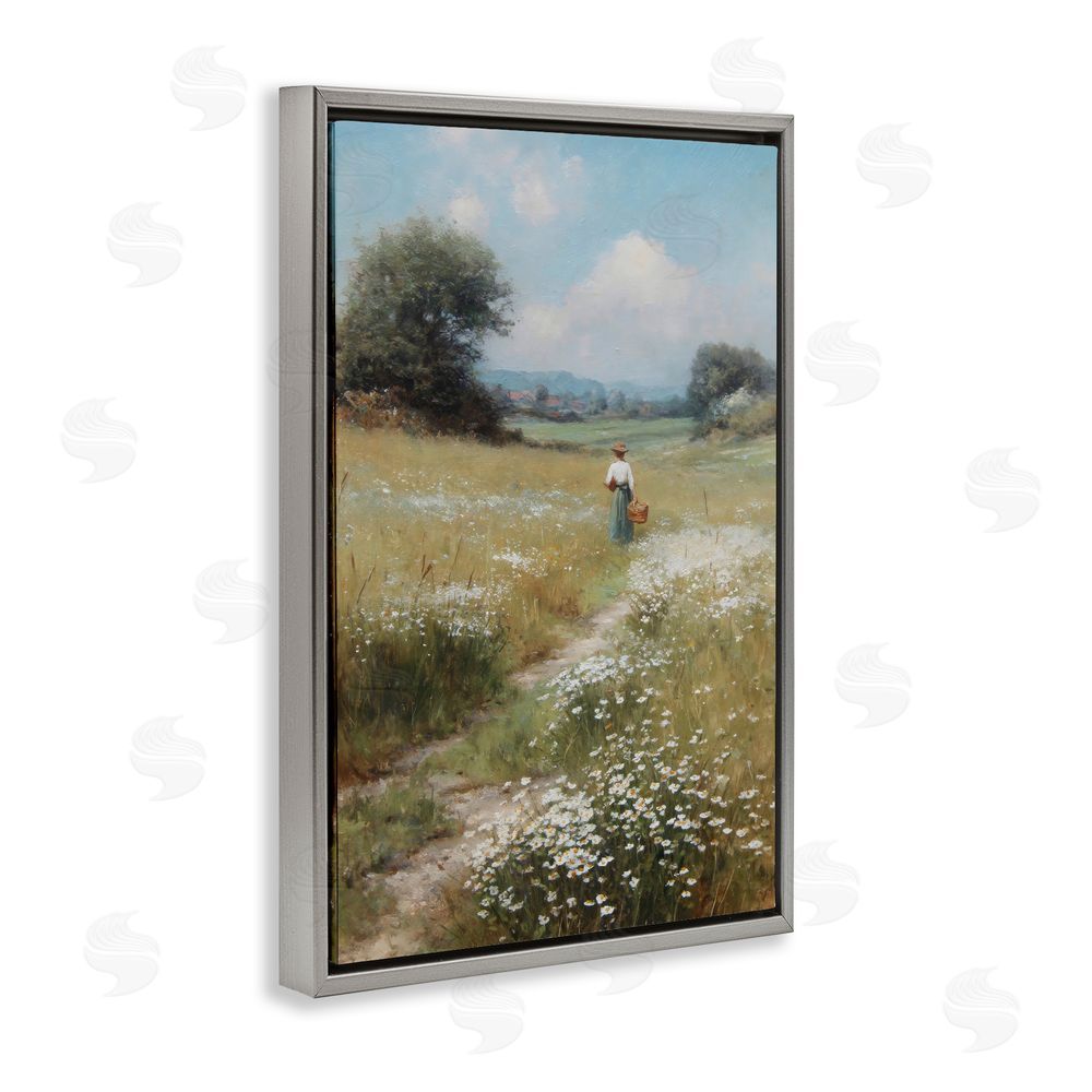 Petal Prints Design Flower Gazing in Summer Meadow Gray Floating Framed Canvas Wall Art