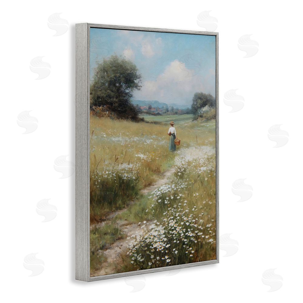 Petal Prints Design Flower Gazing in Summer Meadow Gray Framed Giclee Wall Art