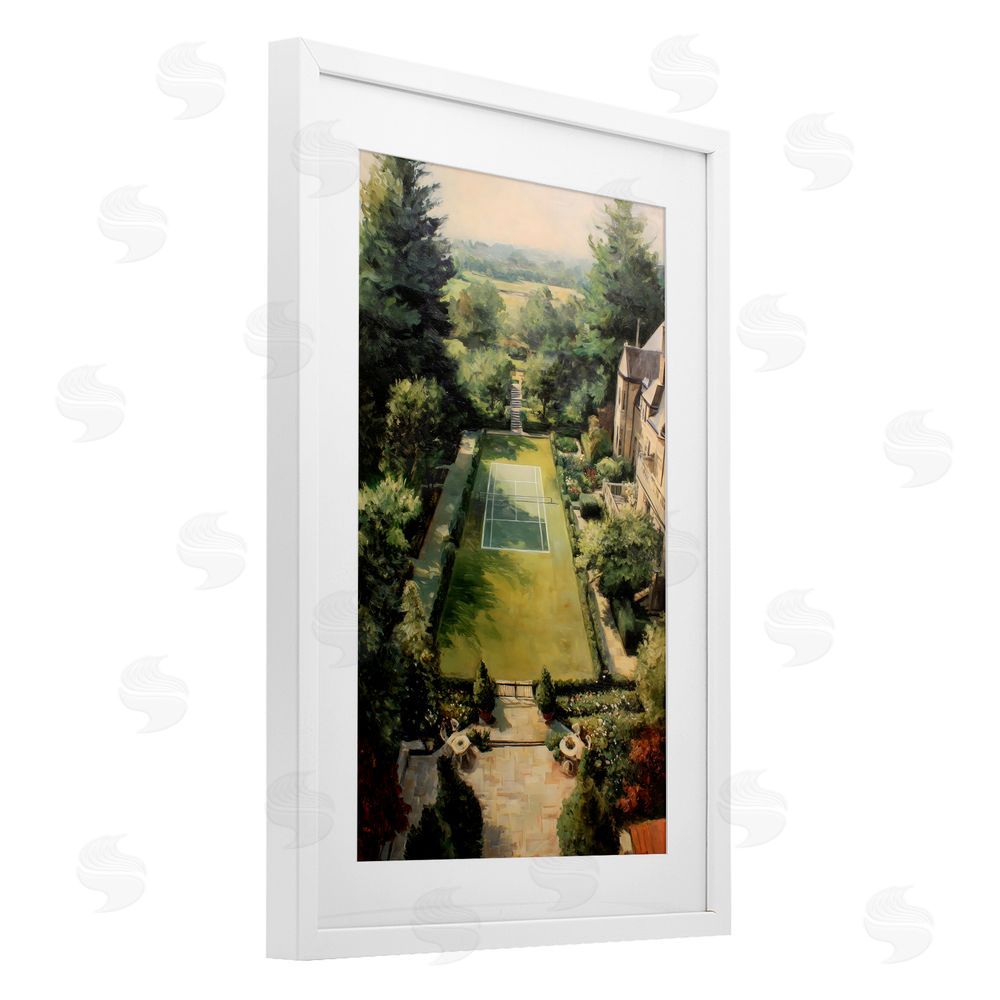 Petal Prints Design Vintage Tennis At The Manor White Framed Print Under Glass with White Mat Wall Art
