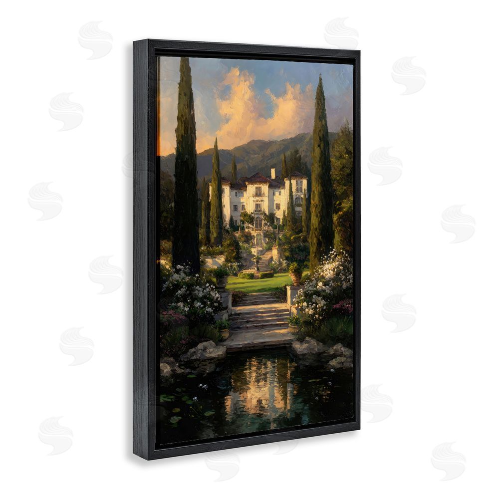 Petal Prints Design Victorian Mansion at Sunset Black Floating Framed Canvas Wall Art Print