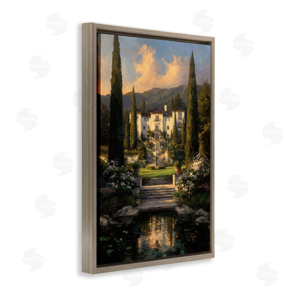 Petal Prints Design Victorian Mansion at Sunset Brown Floating Framed Canvas Wall Art Print