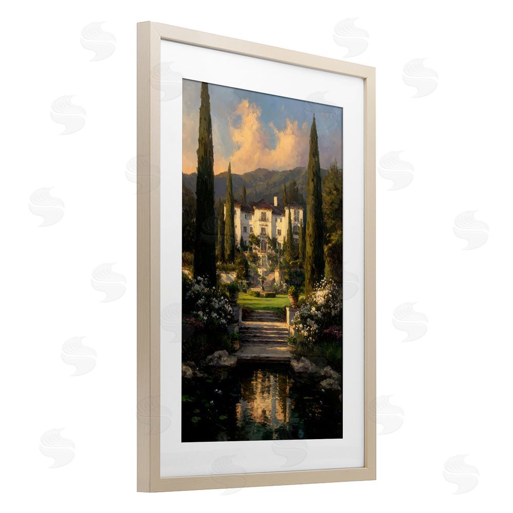 Petal Prints Design Victorian Mansion at Sunset Brown Framed Print Under Glass with White Mat Wall Art