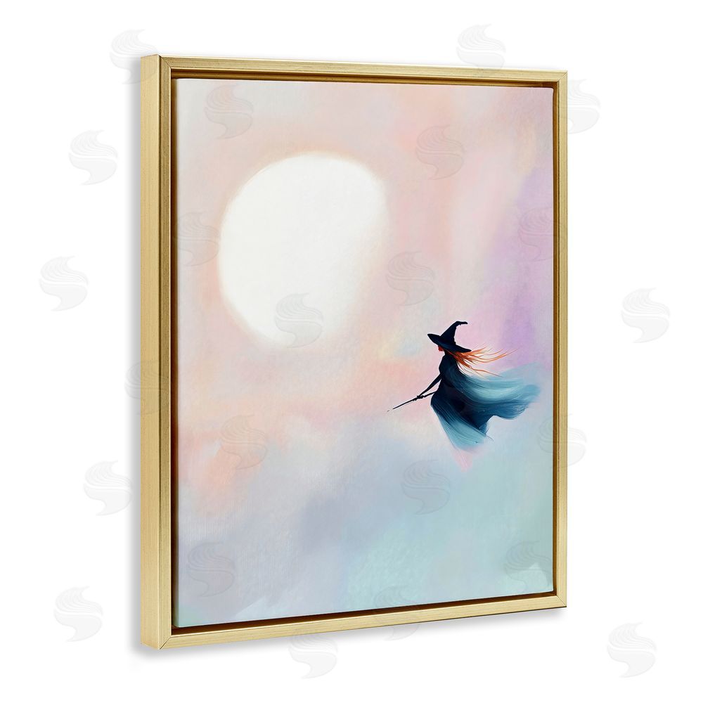 The Prints Vibe Witch Flying at Sunset Gold Floating Framed Canvas Wall Art Print