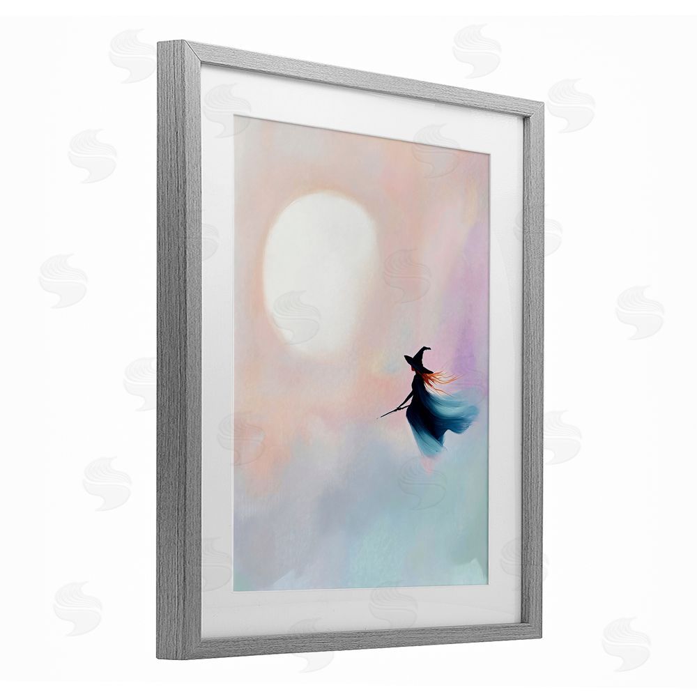 The Prints Vibe Witch Flying at Sunset Gray Framed Print Under Glass with White Mat Wall Art