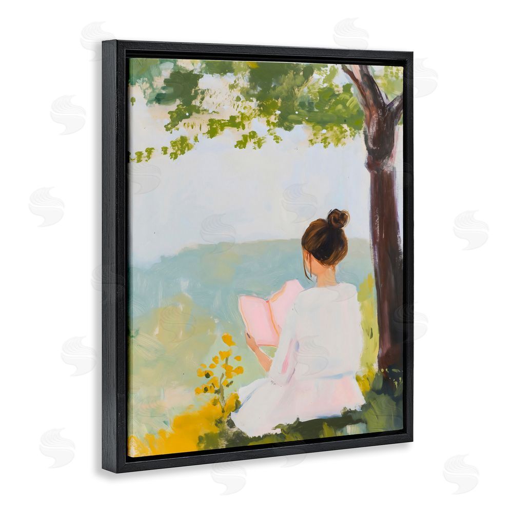 The Prints Vibe Girl Reading in Nature Black Floating Framed Canvas Wall Art