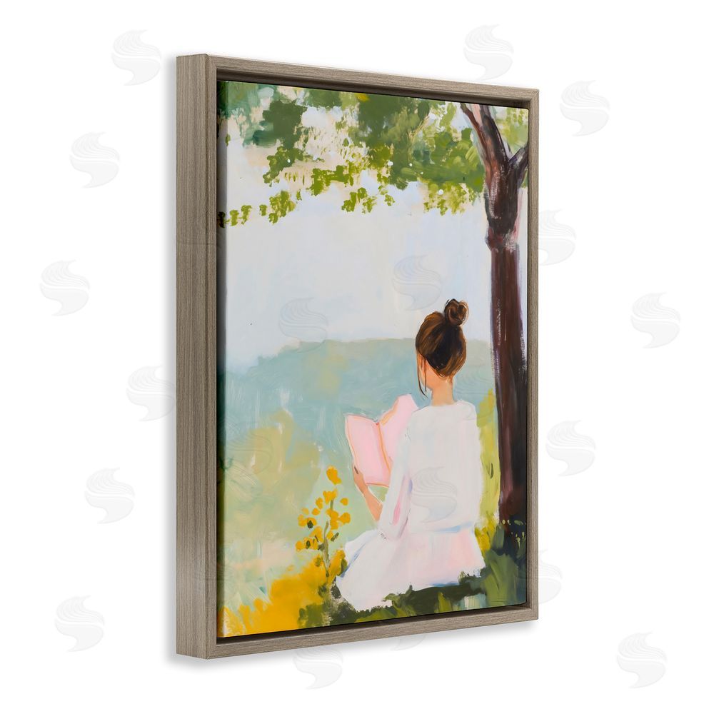 The Prints Vibe Girl Reading in Nature Brown Floating Framed Canvas Wall Art