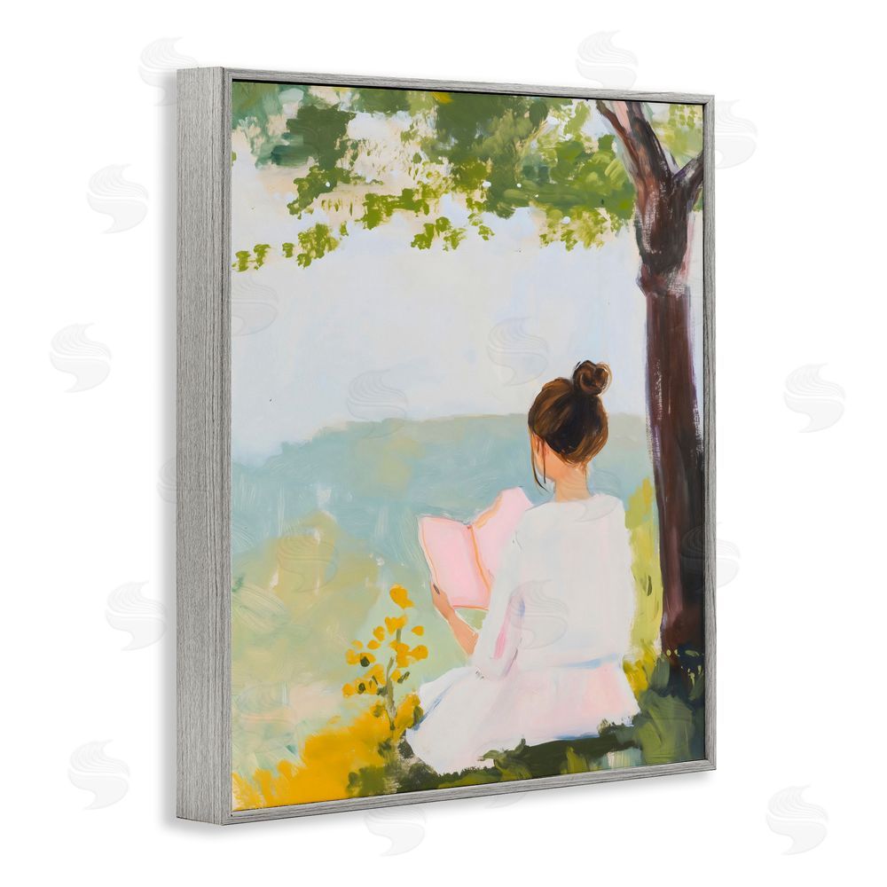 The Prints Vibe Girl Reading in Nature Gray Framed Giclee Wall Art