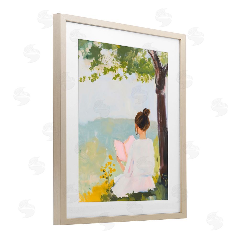 The Prints Vibe Girl Reading in Nature Brown Framed Print Under Glass Wall Art