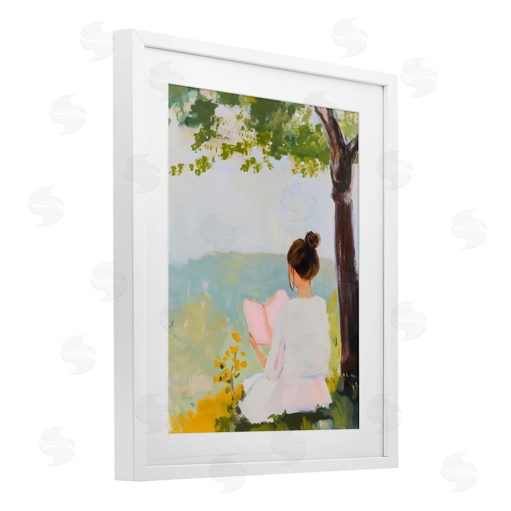 The Prints Vibe Girl Reading in Nature White Framed Print Under Glass Wall Art