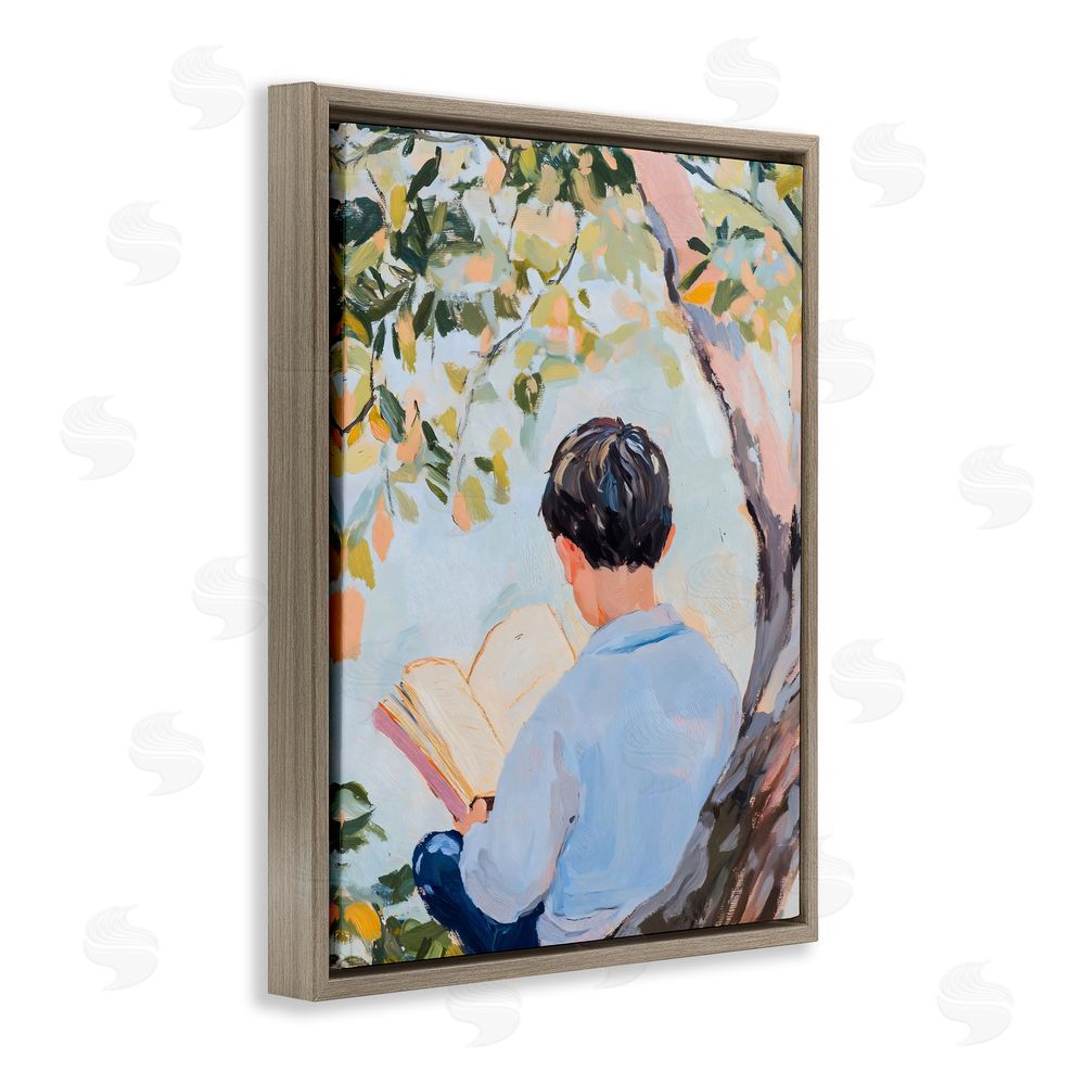 The Prints Vibe Boy Reading in Nature Brown Floating Frame Stretched Canvas Wall Art Print