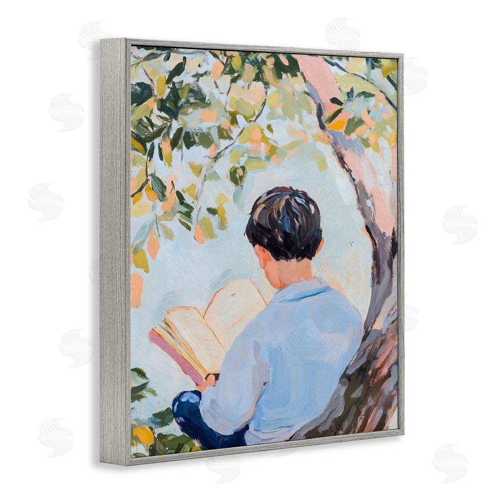 The Prints Vibe Boy Reading in Nature Gray Framed Giclee Wall Art Print
