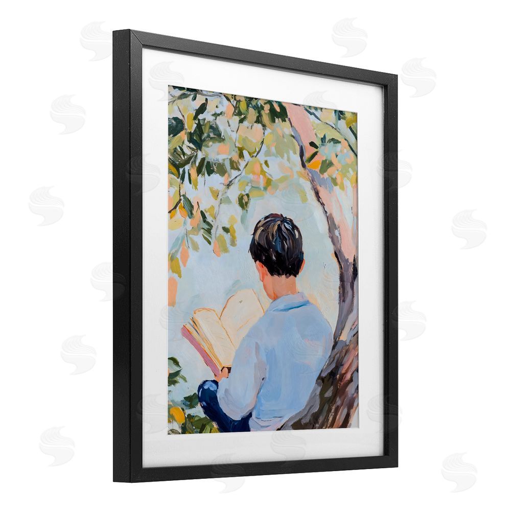 The Prints Vibe Boy Reading in Nature Black Framed Print Under Glass with Matting Wall Art