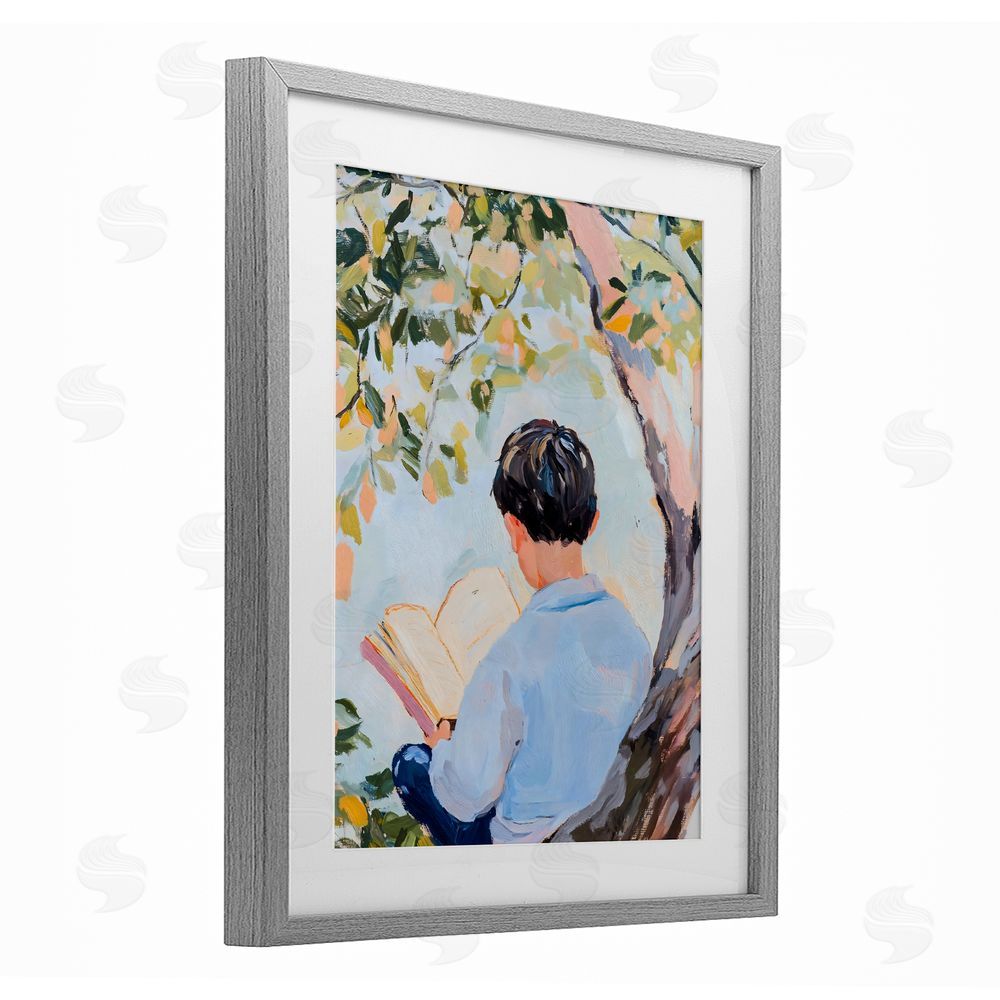 The Prints Vibe Boy Reading in Nature Gray Framed Print Under Glass with Matting Wall Art