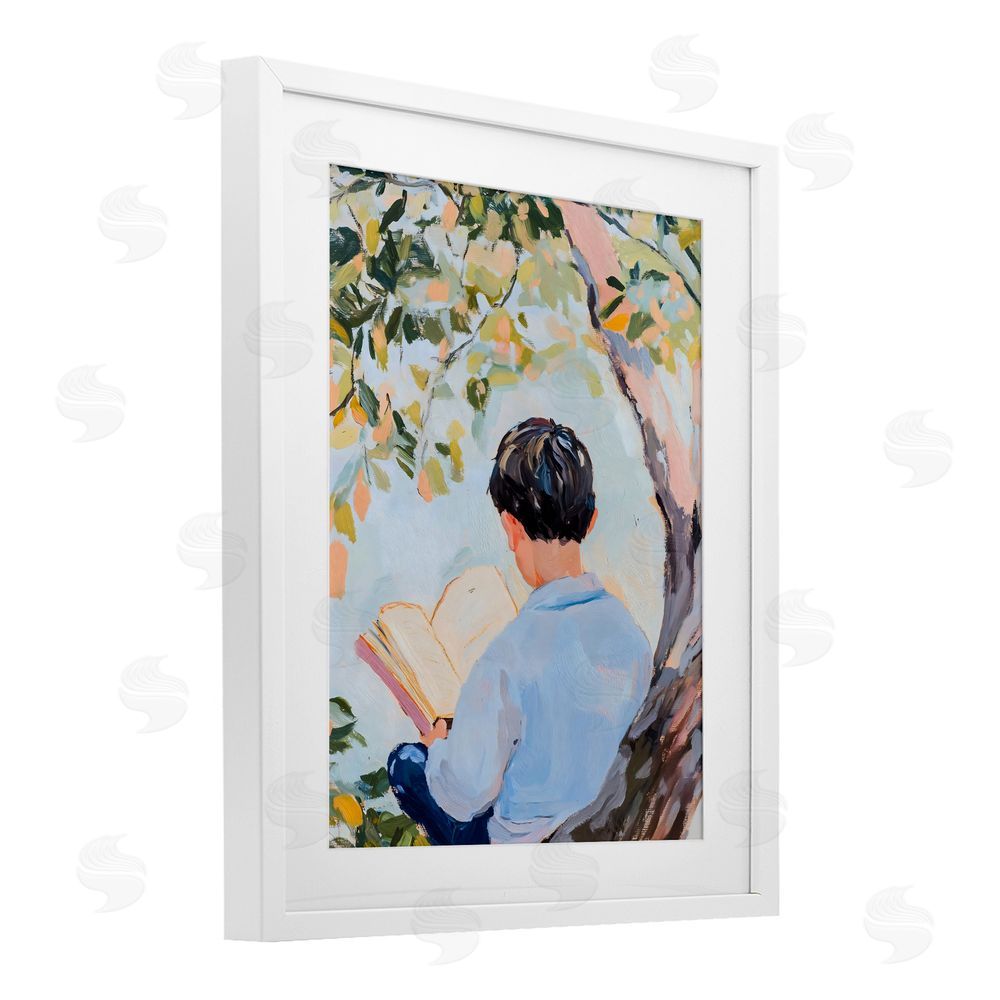 The Prints Vibe Boy Reading in Nature White Framed Print Under Glass with Matting Wall Art