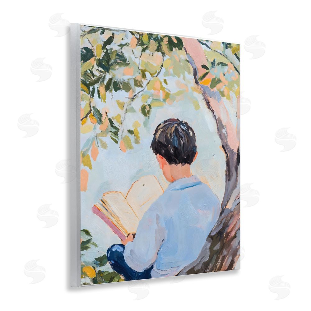 The Prints Vibe Boy Reading in Nature Wall Plaque Art Print with White Foil Wrap