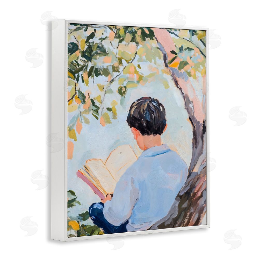 The Prints Vibe Boy Reading in Nature White Framed Giclee Wall Art Print