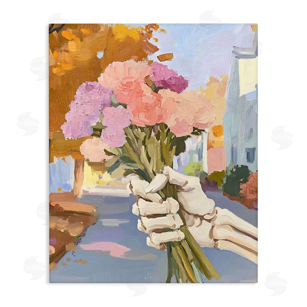 The Prints Vibe Skeleton Hand Holding Flowers Stretched Canvas Wall Art Print