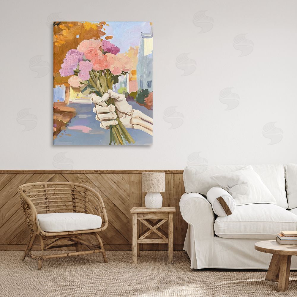 The Prints Vibe Skeleton Hand Holding Flowers Stretched Canvas on Wall