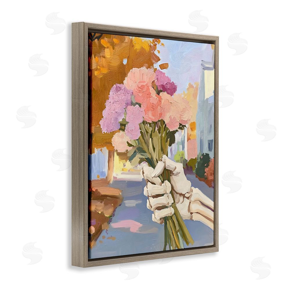 The Prints Vibe Skeleton Hand Holding Flowers Brown Floating Framed Canvas Wall Art Print