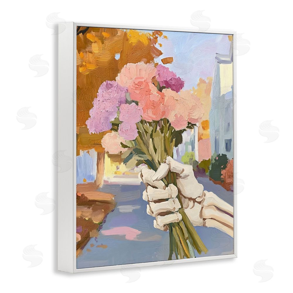 The Prints Vibe Skeleton Hand Holding Flowers White Framed Giclee Wall Art Print