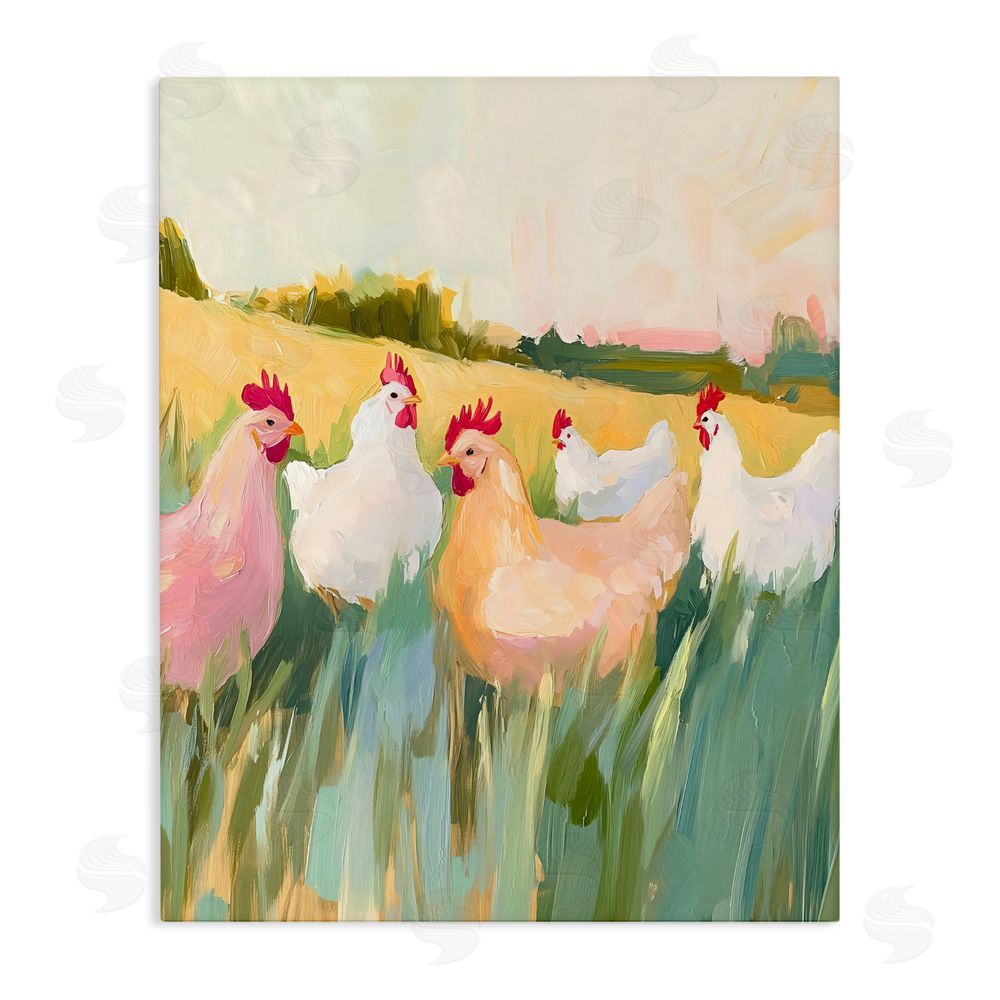 The Prints Vibe Sunlit Flock of Chickens Stretched Canvas Wall Art Print
