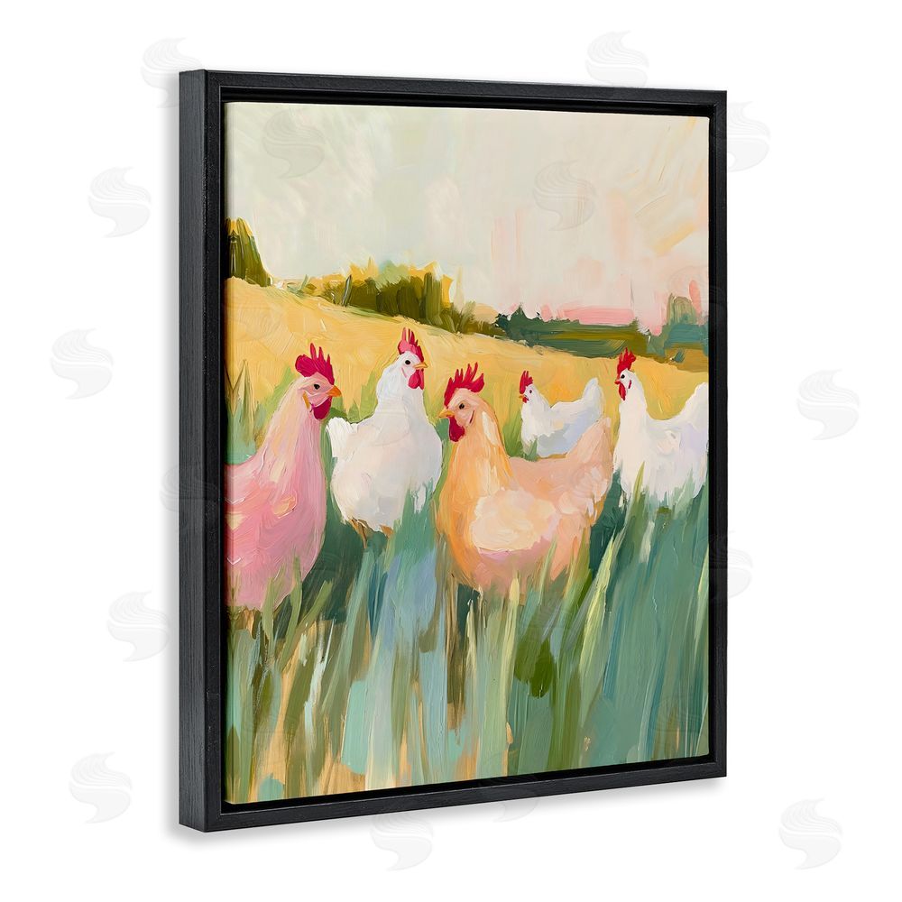 The Prints Vibe Sunlit Flock of Chickens Black Floating Framed Canvas Wall Art Print