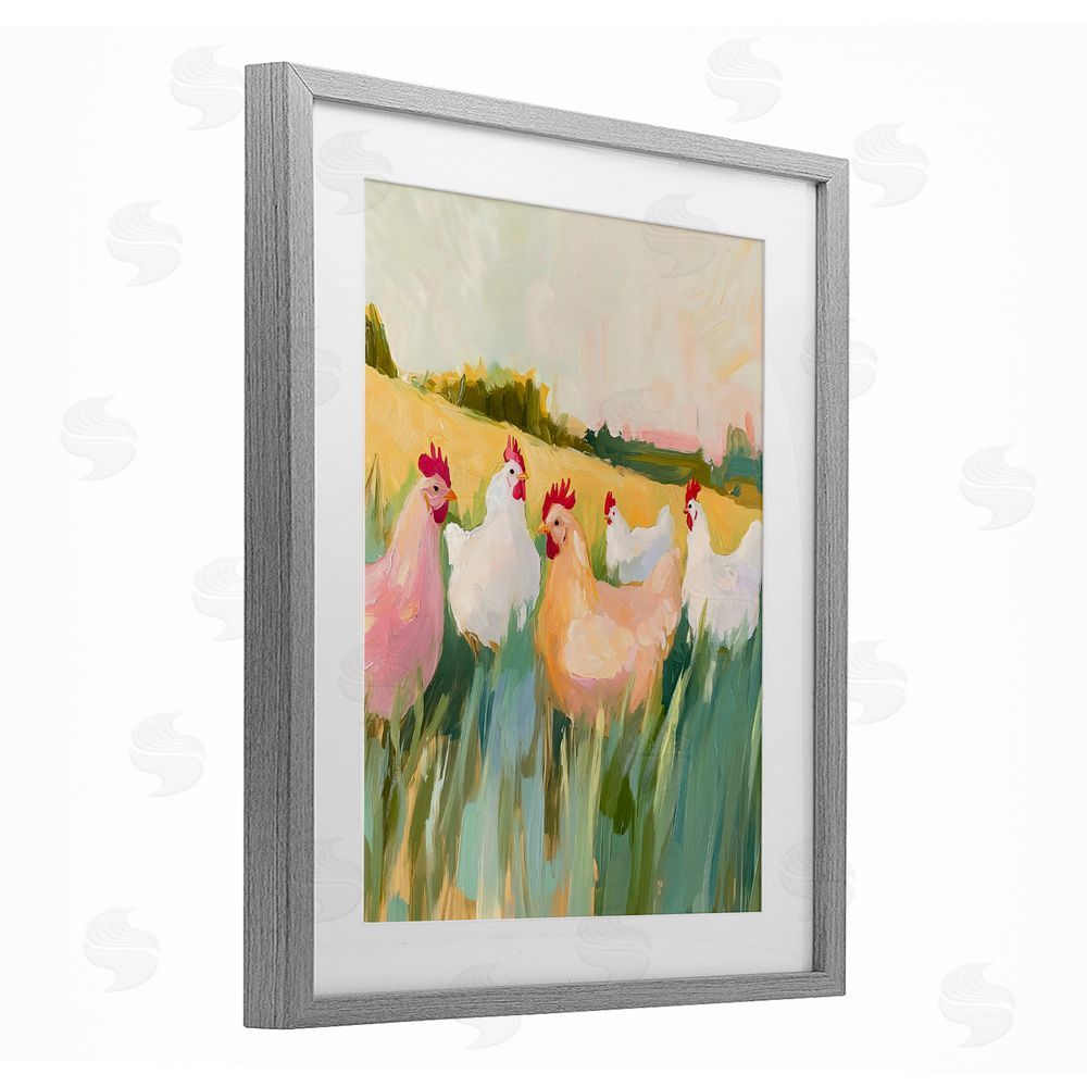 The Prints Vibe Sunlit Flock of Chickens Gray Framed Print Under Glass with White Mat Wall Art