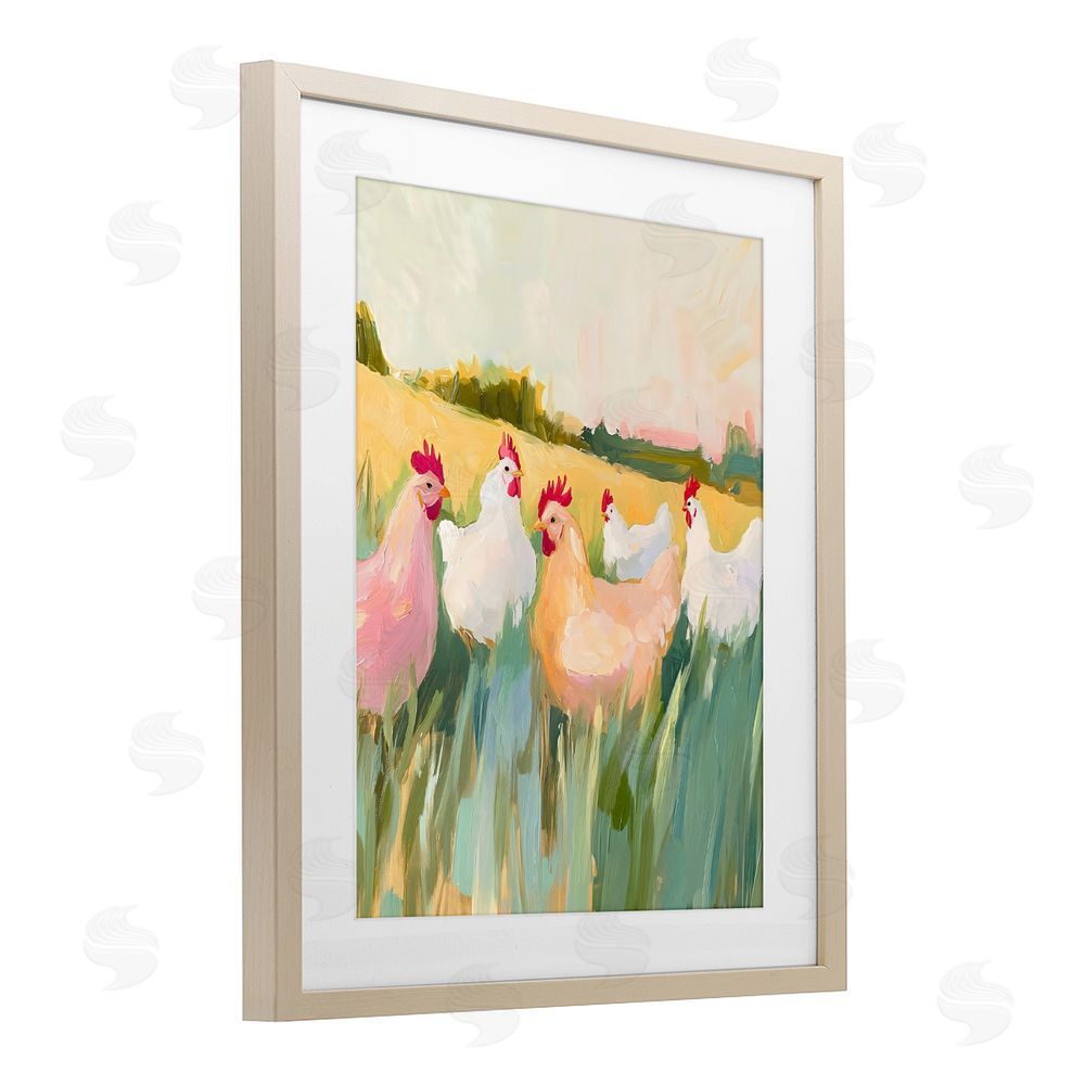 The Prints Vibe Sunlit Flock of Chickens Brown Framed Print Under Glass with White Mat Wall Art