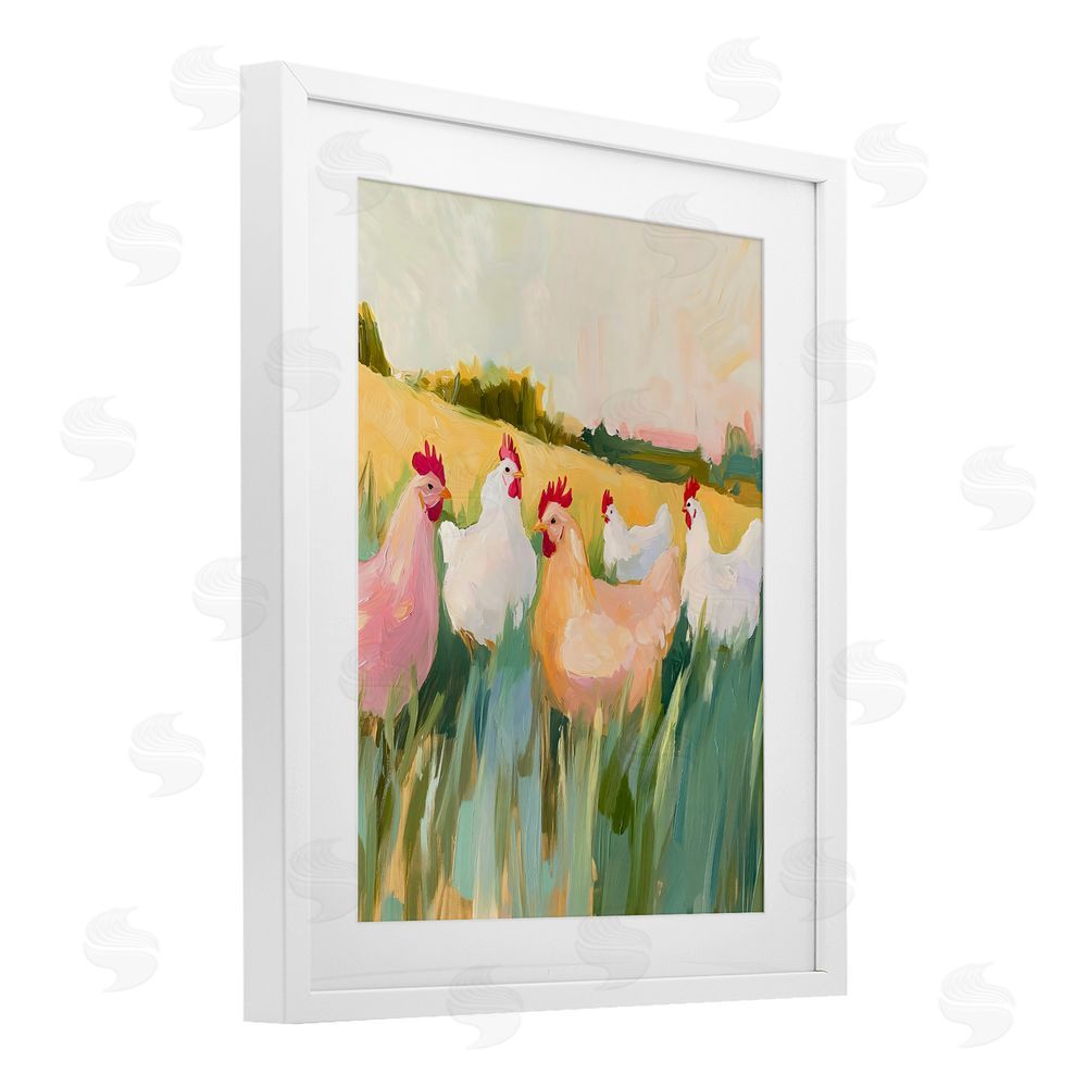 The Prints Vibe Sunlit Flock of Chickens White Framed Print Under Glass with White Mat Wall Art