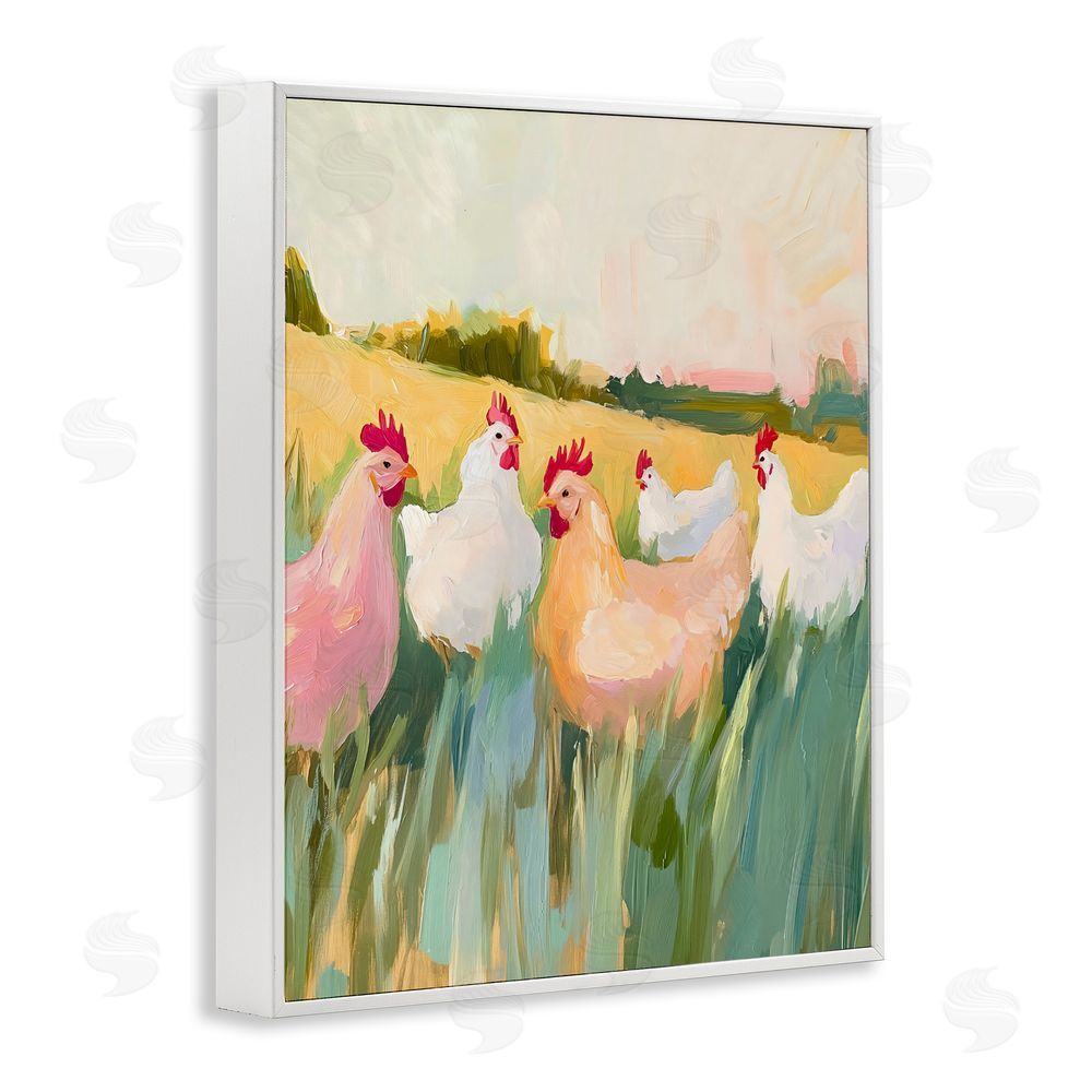 The Prints Vibe Sunlit Flock of Chickens White Framed Giclee Wall Art Print
