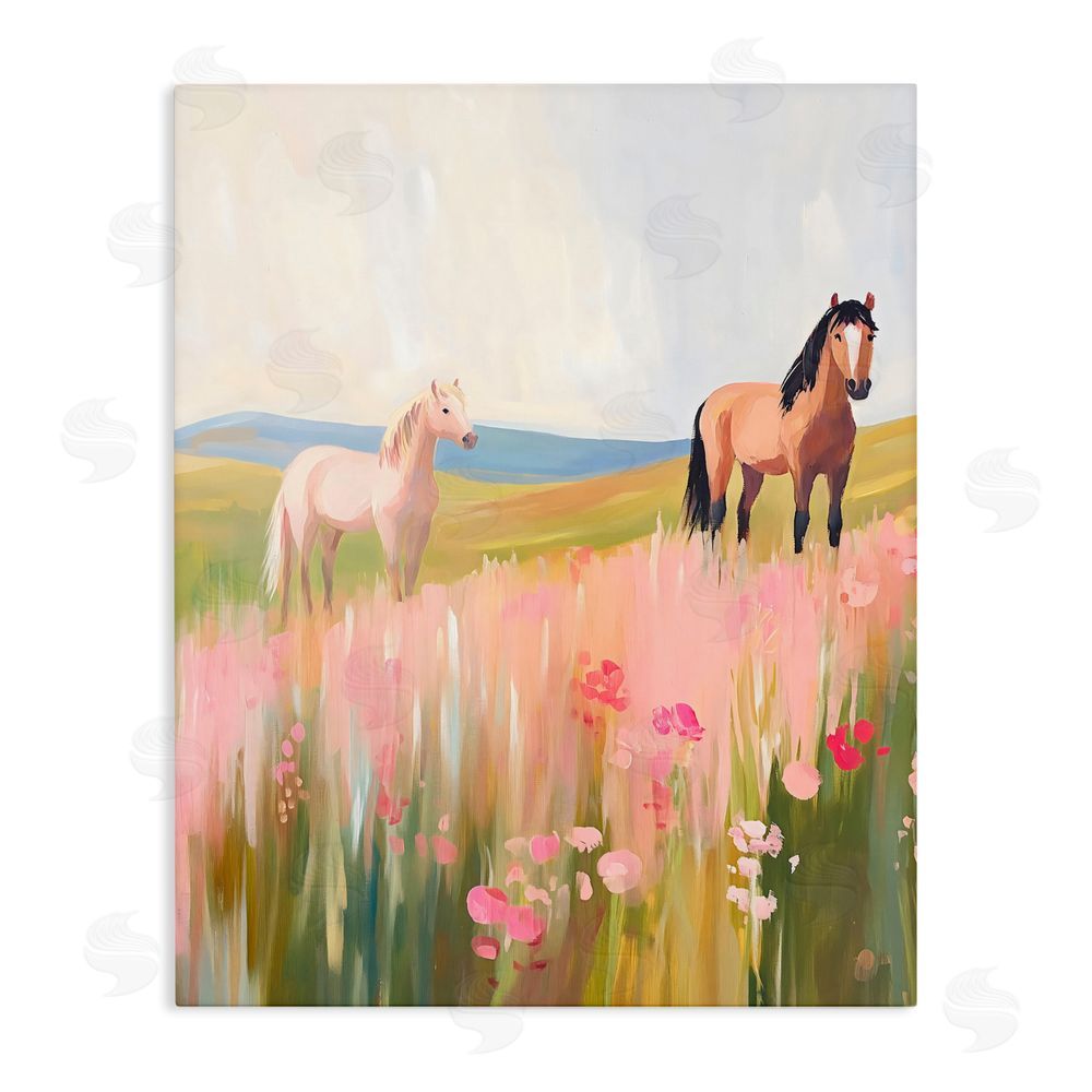 The Prints Vibe Wild Horses in Pink Meadow Stretched Canvas Wall Art Print