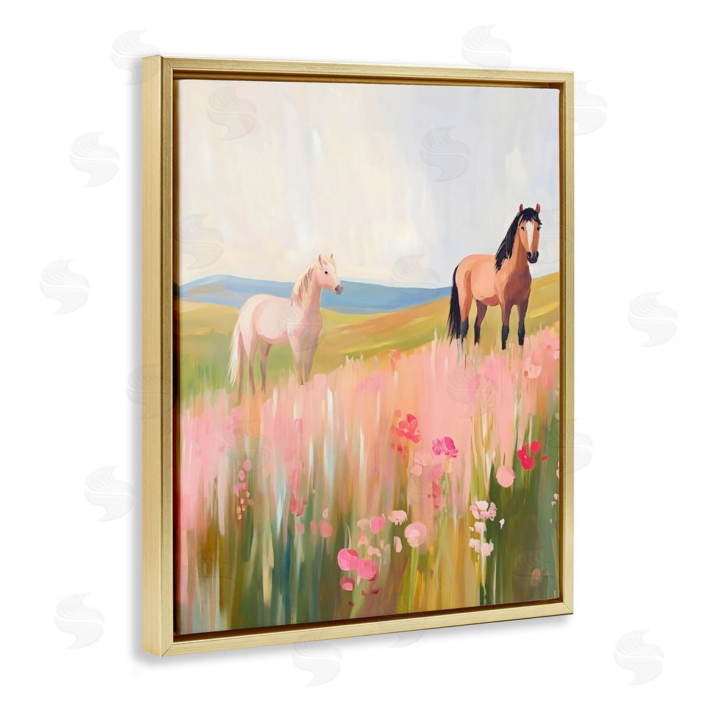 The Prints Vibe Wild Horses in Pink Meadow Gold Floating Framed Canvas Wall Art Print