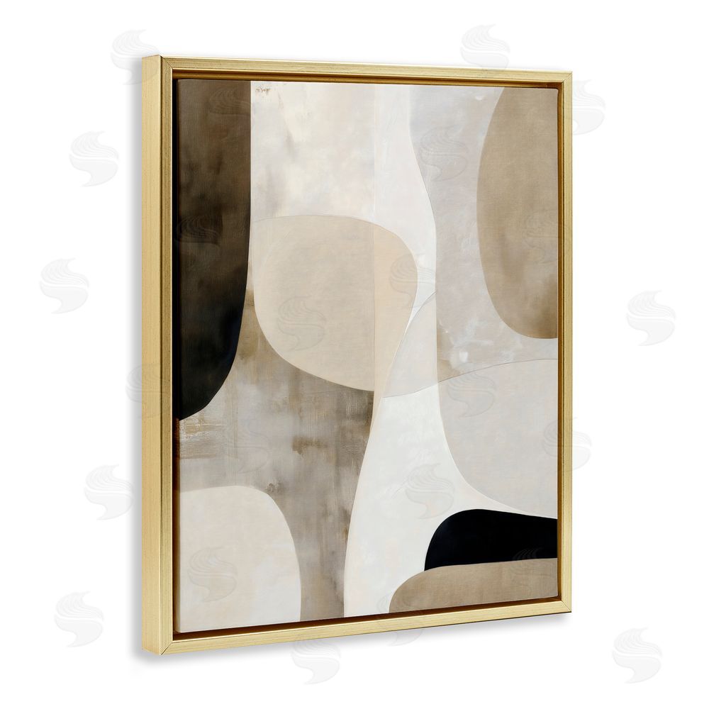 Ink Drop Loft Tan Shapes Organic Balance Gold Floating Framed Canvas Wall Art Print