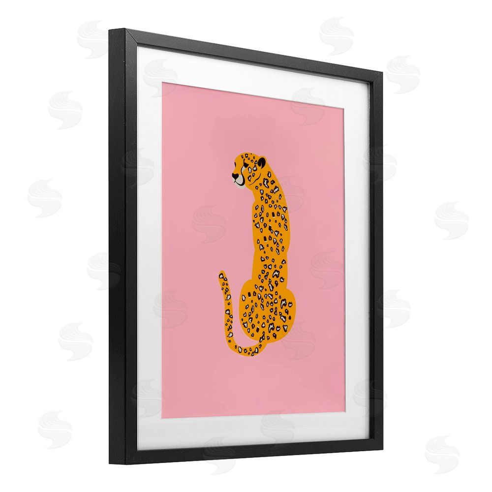 Creative Studio Yellow Jaguar on Pink Black Framed Print Under Glass with White Mat Wall Art