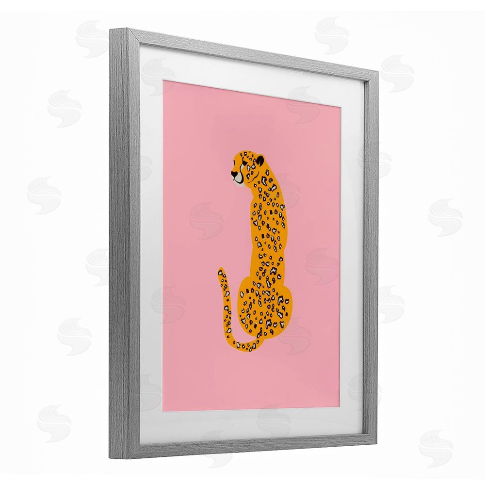 Creative Studio Yellow Jaguar on Pink Gray Framed Print Under Glass with White Mat Wall Art
