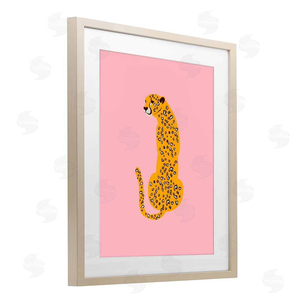 Creative Studio Yellow Jaguar on Pink Brown Framed Print Under Glass with White Mat Wall Art