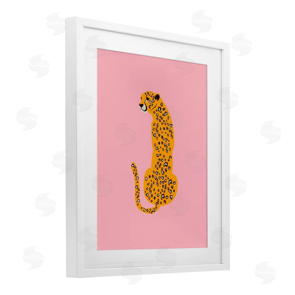 Creative Studio Yellow Jaguar on Pink White Framed Print Under Glass with White Mat Wall Art