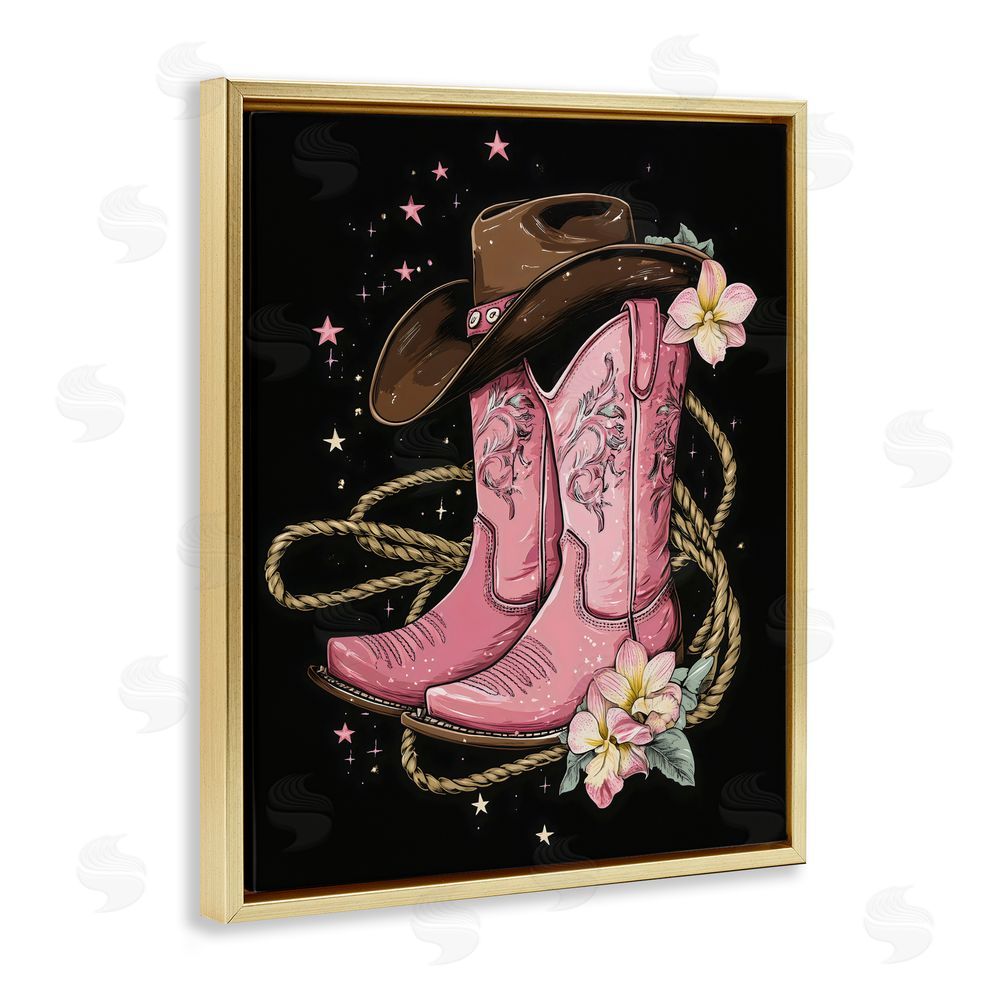 Creative Studio Western Chic Pink Boots Gold Floating Framed Canvas Wall Art Print