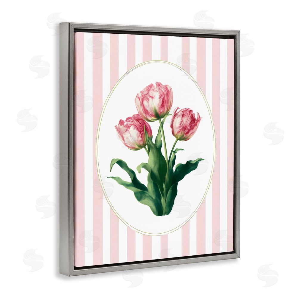 Ink Drop Loft Spring Tulips on Stripes Gray Floating Framed Canvas Wall Art Print