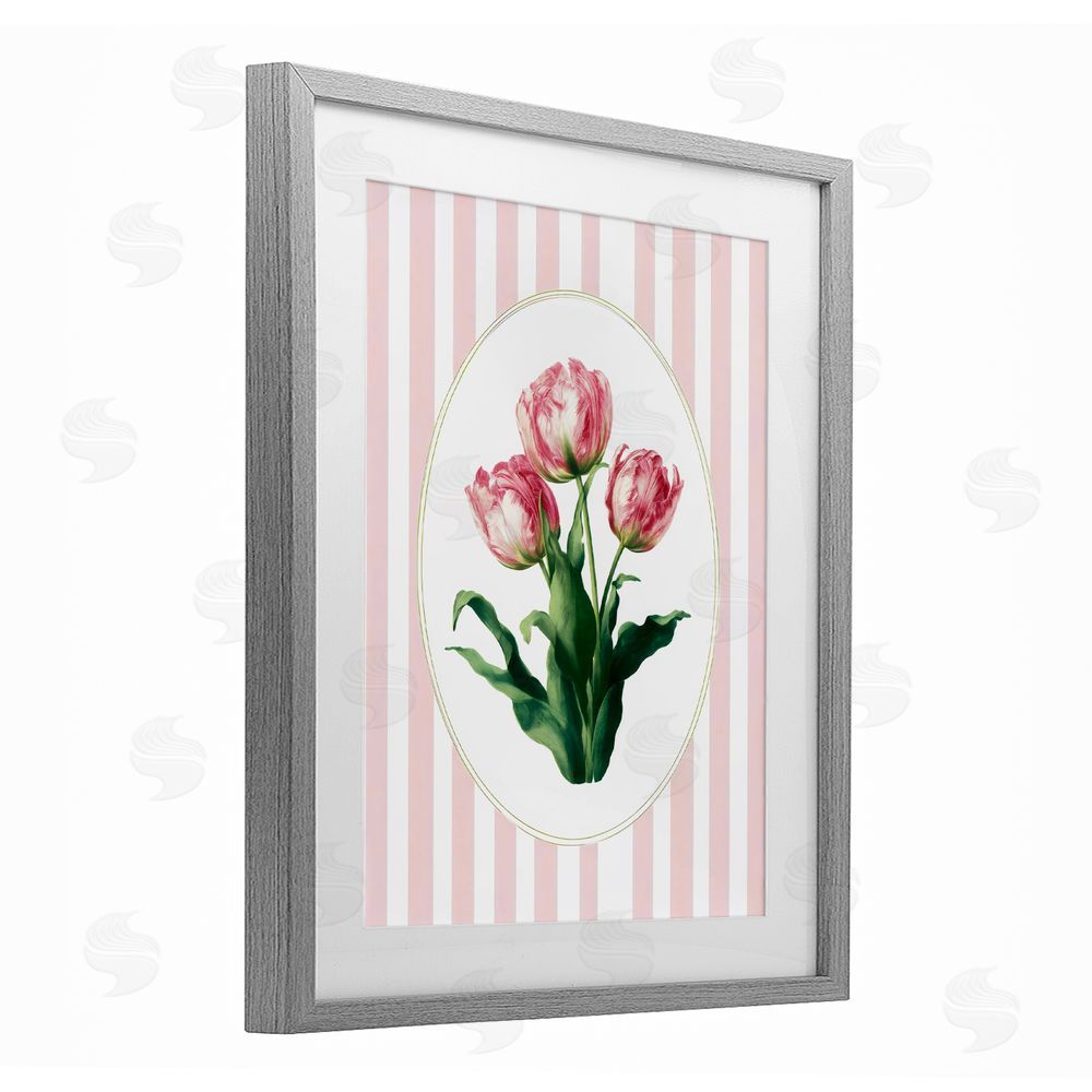 Ink Drop Loft Spring Tulips on Stripes Gray Framed Print Under Glass with White Mat Wall Art