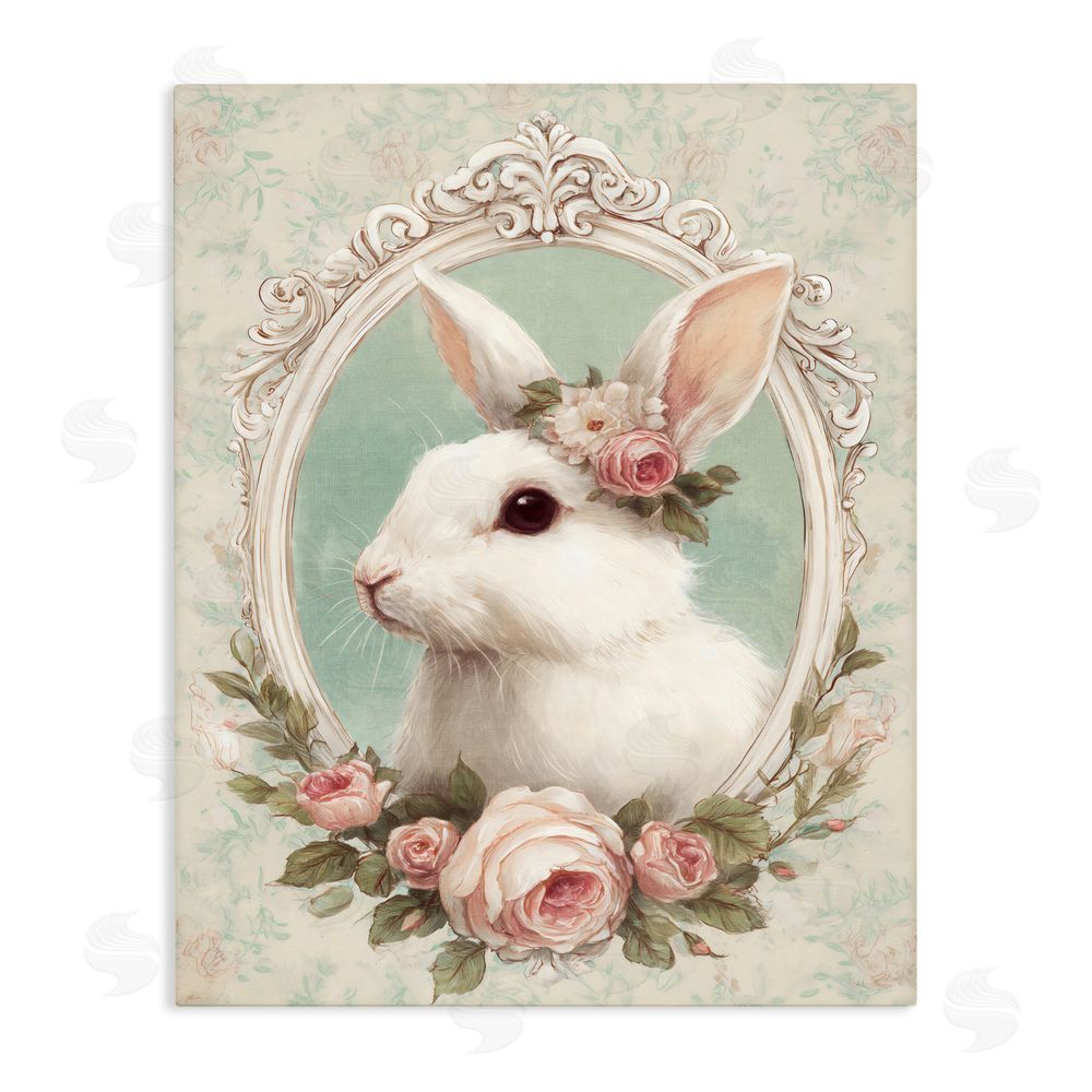 Ink Drop Loft Flower Fringed Bunny Portrait Stretched Canvas Wall Art